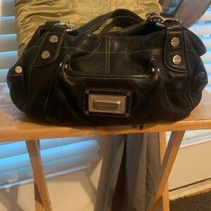 B Makowsky Vintage Black Leather Purse - Silver Hardware, Cheetah Print inside